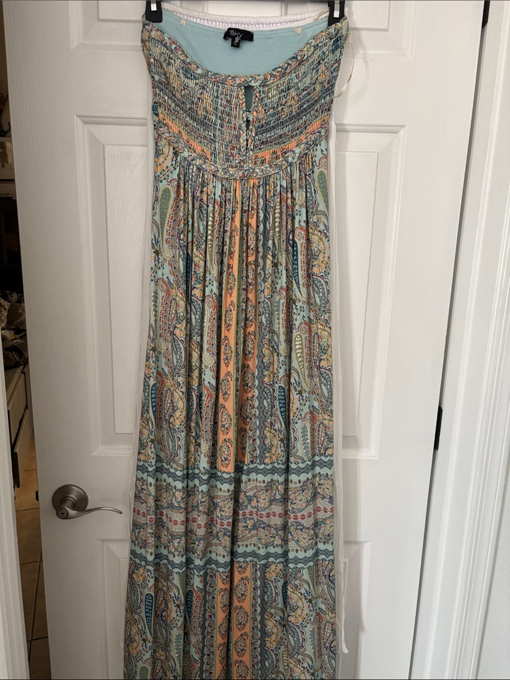 Sky Strapless Paisley Maxi Dress in Mint, Peach & Navy (long 55 inches)